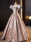 Stylish Floor-Length Printing Prom Dresses, A-Line Short Sleeve Backless Evening Formal Dresses HZ1024