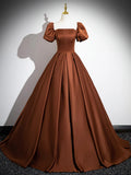 Brown Satin Floor Length Prom Dress , Off the Shoulder A-Line Evening Dress HZ1024