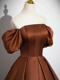 Brown Satin Floor Length Prom Dress , Off the Shoulder A-Line Evening Dress HZ1024