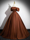 Brown Satin Floor Length Prom Dress , Off the Shoulder A-Line Evening Dress HZ1024