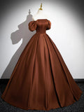 Brown Satin Floor Length Prom Dress , Off the Shoulder A-Line Evening Dress HZ1024