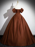 Brown Satin Floor Length Prom Dress , Off the Shoulder A-Line Evening Dress HZ1024
