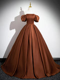 Brown Satin Floor Length Prom Dress , Off the Shoulder A-Line Evening Dress HZ1024