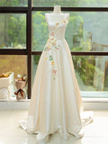 Elegant Satin Floor Length Formal Dress with 3D Flowers, Light Champagne A-Line Evening Party Dress HZ1024