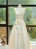 Elegant Satin Floor Length Formal Dress with 3D Flowers, Light Champagne A-Line Evening Party Dress HZ1024