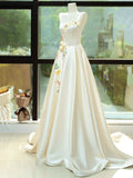 Elegant Satin Floor Length Formal Dress with 3D Flowers, Light Champagne A-Line Evening Party Dress HZ1024