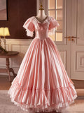 Pink Satin Lace Long Prom Dress, Beautiful A-Line V-Neck Evening Dress HZ1024