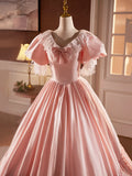 Pink Satin Lace Long Prom Dress, Beautiful A-Line V-Neck Evening Dress HZ1024