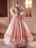 Pink Satin Lace Long Prom Dress, Beautiful A-Line V-Neck Evening Dress HZ1024