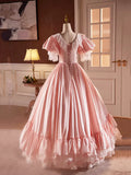 Pink Satin Lace Long Prom Dress, Beautiful A-Line V-Neck Evening Dress HZ1024