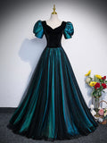 Unique Black Velvet and Tulle Long Prom Dress, A-Line Short Sleeve Evening Party Dress HZ1024