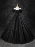 Black Sparkly Tulle Off the Shoulder Long Formal Dress, Elegant A-Line Black Evening Party Dress HZ1024