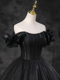 Black Sparkly Tulle Off the Shoulder Long Formal Dress, Elegant A-Line Black Evening Party Dress HZ1024
