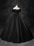 Black Sparkly Tulle Off the Shoulder Long Formal Dress, Elegant A-Line Black Evening Party Dress HZ1024