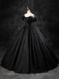 Black Sparkly Tulle Off the Shoulder Long Formal Dress, Elegant A-Line Black Evening Party Dress HZ1024