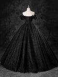 Black Sparkly Tulle Off the Shoulder Long Formal Dress, Elegant A-Line Black Evening Party Dress HZ1024