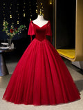 Burgundy Velvet Tulle Floor Length Formal Dress, Burgundy A-Line Evening Party Dress HZ1024