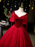 Burgundy Velvet Tulle Floor Length Formal Dress, Burgundy A-Line Evening Party Dress HZ1024