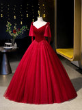 Burgundy Velvet Tulle Floor Length Formal Dress, Burgundy A-Line Evening Party Dress HZ1024