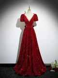 Burgundy V-Neck Sequins Long Prom Dress, A-Line Evening Party Dress with Bow HZ1024