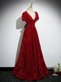 Burgundy V-Neck Sequins Long Prom Dress, A-Line Evening Party Dress with Bow HZ1024