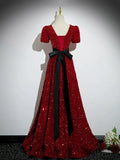 Burgundy V-Neck Sequins Long Prom Dress, A-Line Evening Party Dress with Bow HZ1024