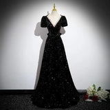 Burgundy V-Neck Sequins Long Prom Dress, A-Line Evening Party Dress with Bow HZ1024