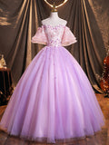 Purple Tulle Sequins Long Prom Dress, A-Line Off the Shoulder Evening Party Dress HZ1024