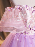 Purple Tulle Sequins Long Prom Dress, A-Line Off the Shoulder Evening Party Dress HZ1024