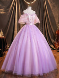 Purple Tulle Sequins Long Prom Dress, A-Line Off the Shoulder Evening Party Dress HZ1024
