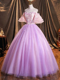 Purple Tulle Sequins Long Prom Dress, A-Line Off the Shoulder Evening Party Dress HZ1024