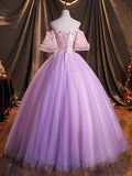 Purple Tulle Sequins Long Prom Dress, A-Line Off the Shoulder Evening Party Dress HZ1024