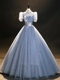 Blue Tulle Long A-Line Prom Dress, Beautiful Short Sleeve Evening Party Dress HZ1024
