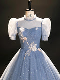 Blue Tulle Long A-Line Prom Dress, Beautiful Short Sleeve Evening Party Dress HZ1024