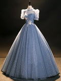 Blue Tulle Long A-Line Prom Dress, Beautiful Short Sleeve Evening Party Dress HZ1024