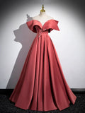 Beautiful Satin Off Shoulder Long Party Dress, A-Line Pearl Floor Length Prom Dress HZ1024