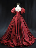 Burgundy Scoop Short Sleeves Party Dress, A-Line Long Evening Dress Prom Dress HZ1024