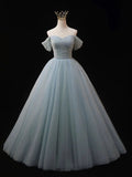 Dusty Blue Tulle Beaded Long Prom Dress, Off the Shoulder A-Line Evening Party Dress HZ1024