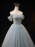 Dusty Blue Tulle Beaded Long Prom Dress, Off the Shoulder A-Line Evening Party Dress HZ1024