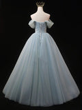 Dusty Blue Tulle Beaded Long Prom Dress, Off the Shoulder A-Line Evening Party Dress HZ1024