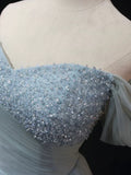 Dusty Blue Tulle Beaded Long Prom Dress, Off the Shoulder A-Line Evening Party Dress HZ1024