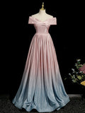 Pink Gradient Shiny Floor Length Prom Dress, Off Shoulder A-Line Evening Party Dress HZ1024