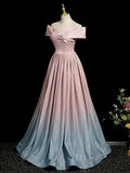 Pink Gradient Shiny Floor Length Prom Dress, Off Shoulder A-Line Evening Party Dress HZ1024