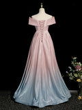 Pink Gradient Shiny Floor Length Prom Dress, Off Shoulder A-Line Evening Party Dress HZ1024