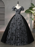 Beautiful Black Rhinestone Flower Prom Dress, Black V-Neck Short Sleeve Evening Dress HZ1024