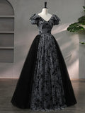 Beautiful Black Rhinestone Flower Prom Dress, Black V-Neck Short Sleeve Evening Dress HZ1024