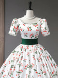 Beautiful Cherry Pattern Long Princess Prom Dress, White A-Line Short Sleeve Evening Party Dress HZ1024