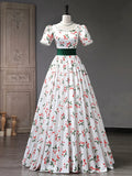 Beautiful Cherry Pattern Long Princess Prom Dress, White A-Line Short Sleeve Evening Party Dress HZ1024