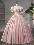 Beautiful Pink Scoop Neck Satin Floor Length Prom Dress, A-Line Short Sleeve Evening Dress with Bow HZ1024