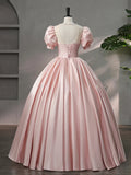 Beautiful Pink Scoop Neck Satin Floor Length Prom Dress, A-Line Short Sleeve Evening Dress with Bow HZ1024